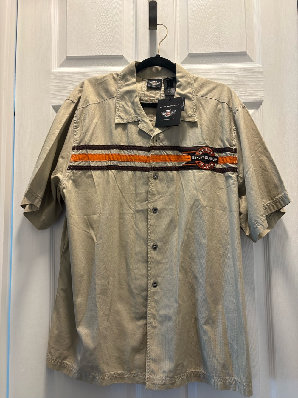 Harley-Davidson Tan Short-Sleeve Shirt with Orange and Brown Stripes